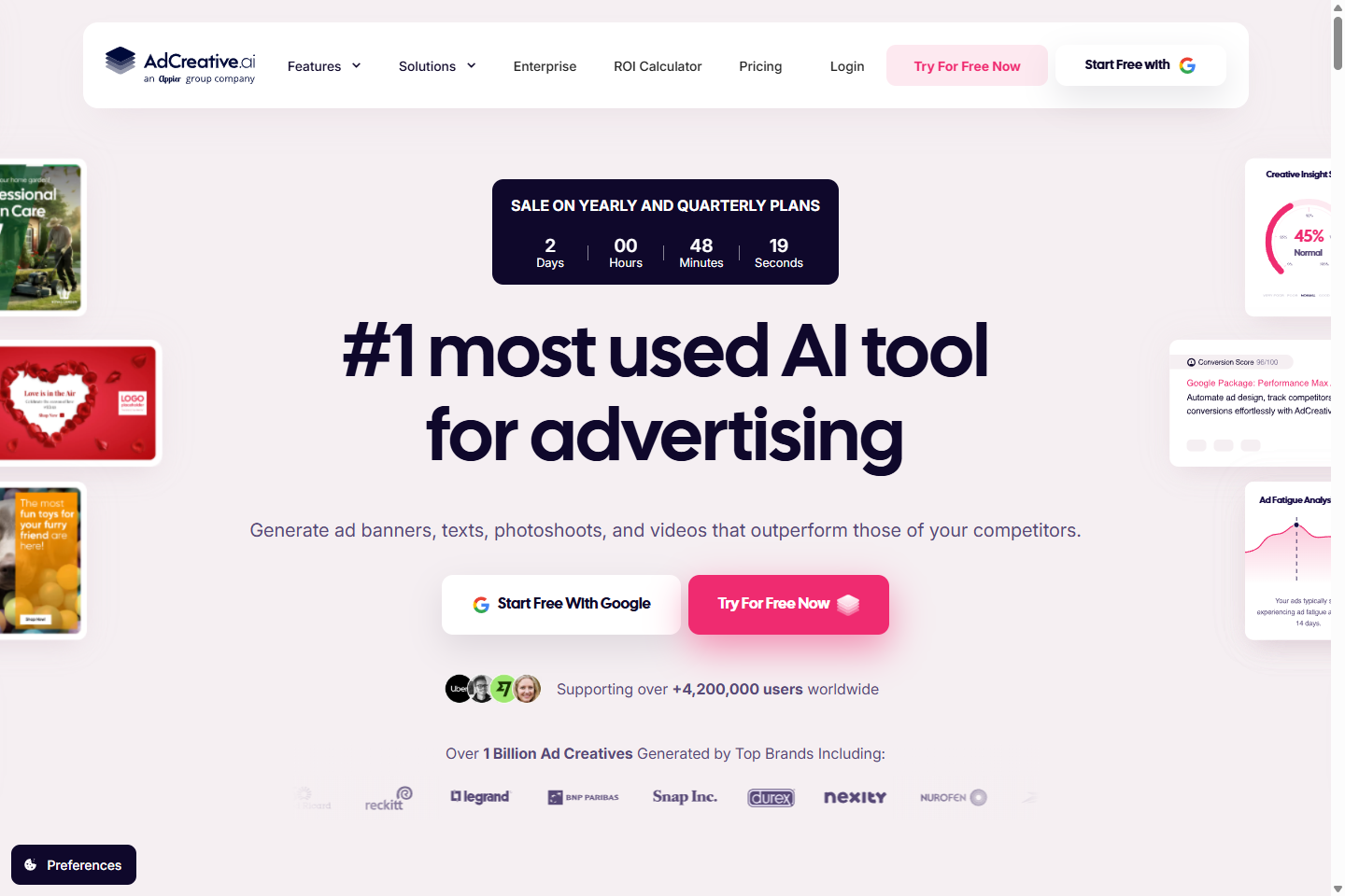 AdCreative.ai homepage positioned for advertising teams
