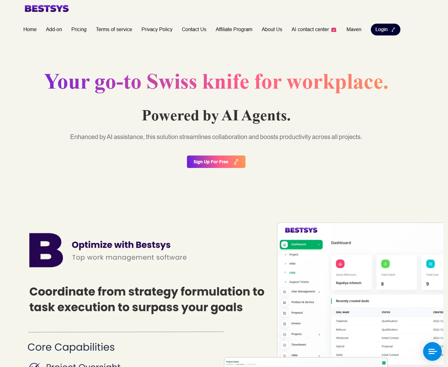 Bestsys homepage positioned as an AI modular cloud ERP / WorkSuite