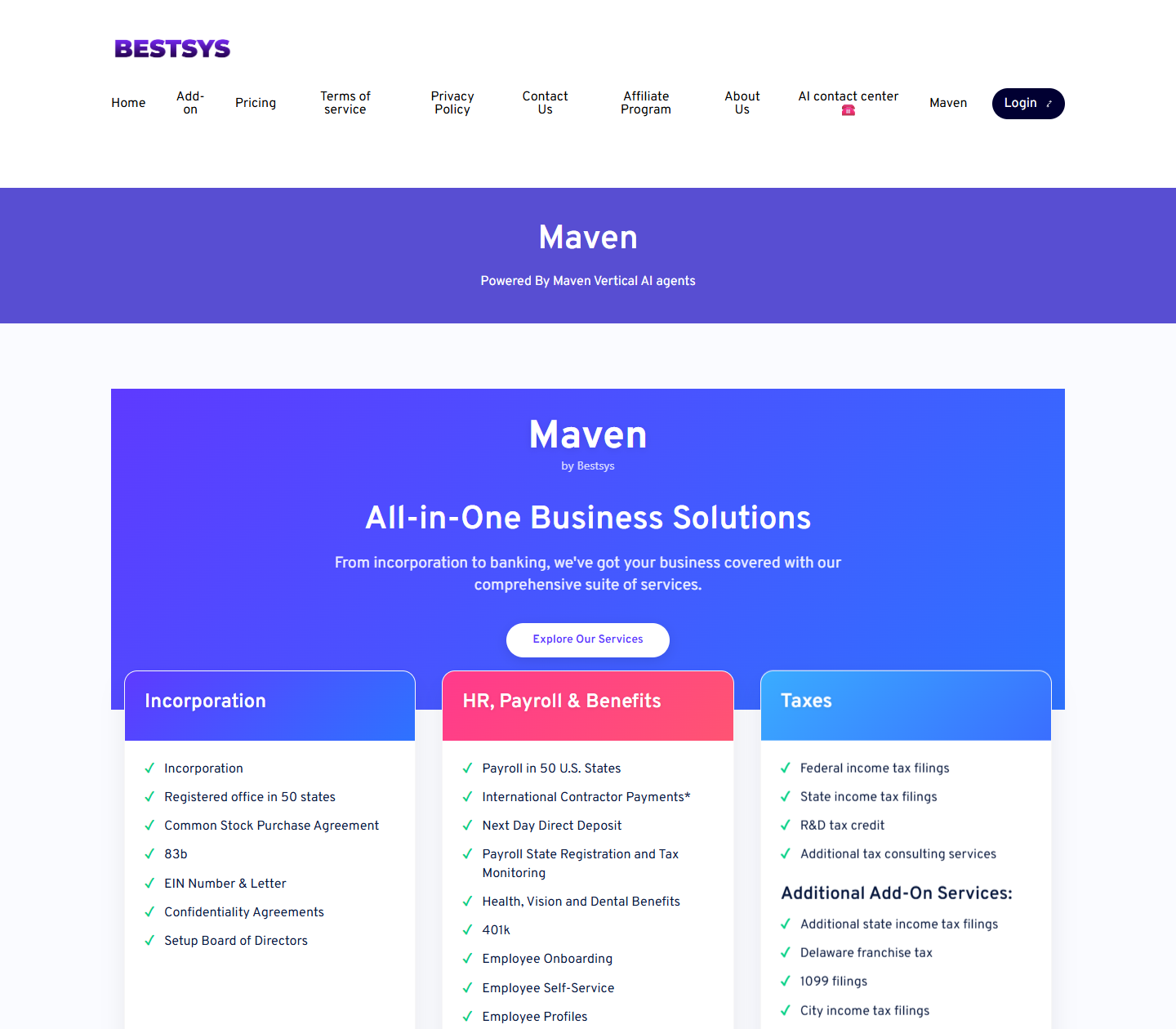 Maven page showing incorporation, payroll, bookkeeping, and tax services