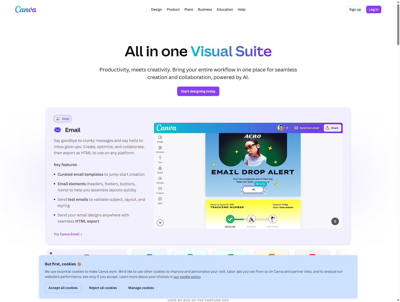 Canva Visual Suite showing docs, presentations, video, and AI features
