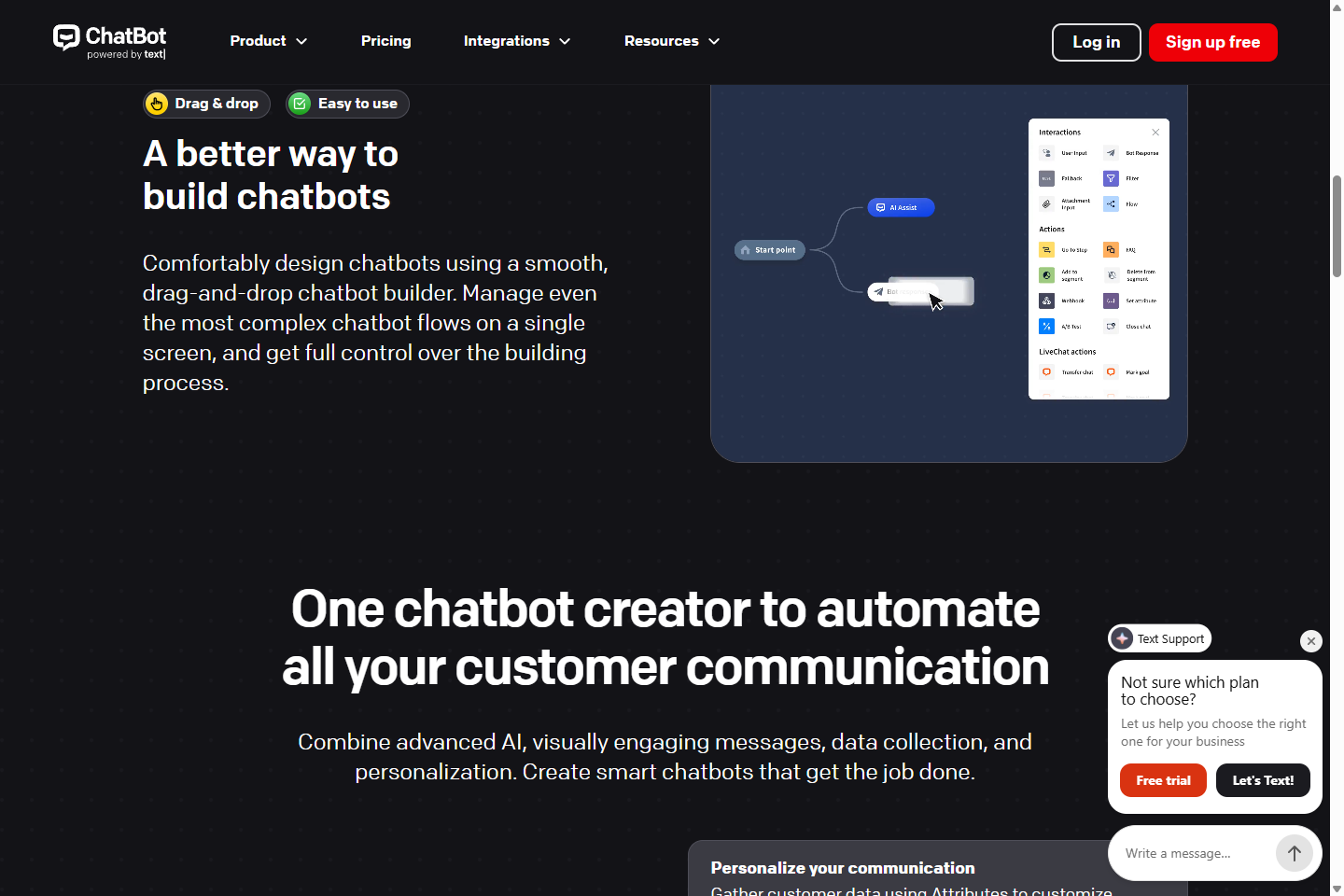 ChatBot.com interface with AI Assist and flow builder blocks