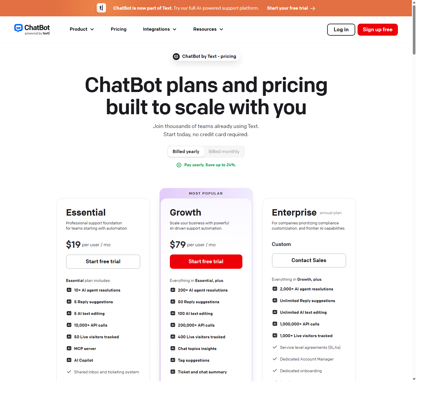 ChatBot by Text pricing page with Essential, Growth, and Enterprise