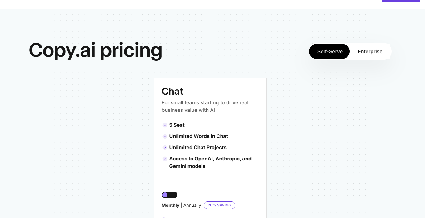 Copy.ai pricing page showing the self-serve Chat plan