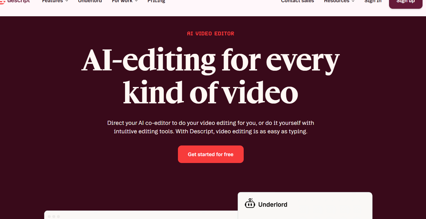 Descript homepage hero section