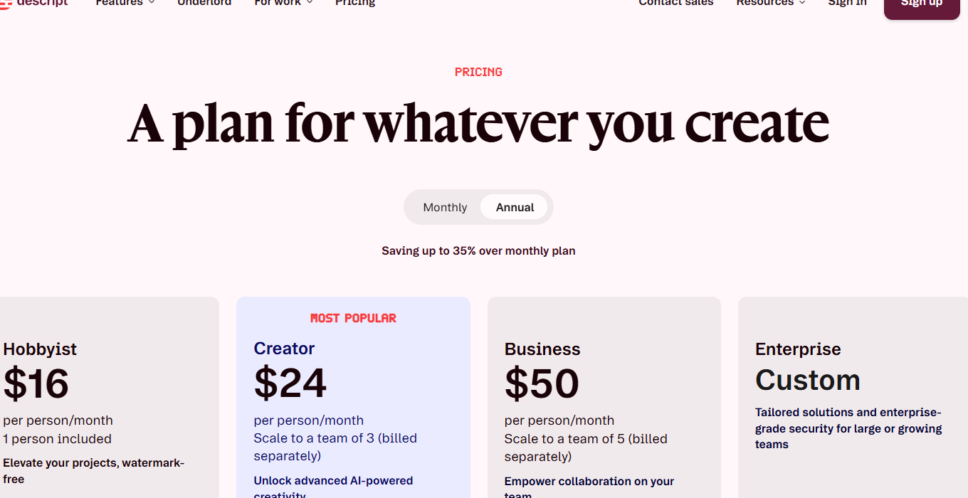 Descript pricing page with Free, Hobbyist, Creator, and Business plans