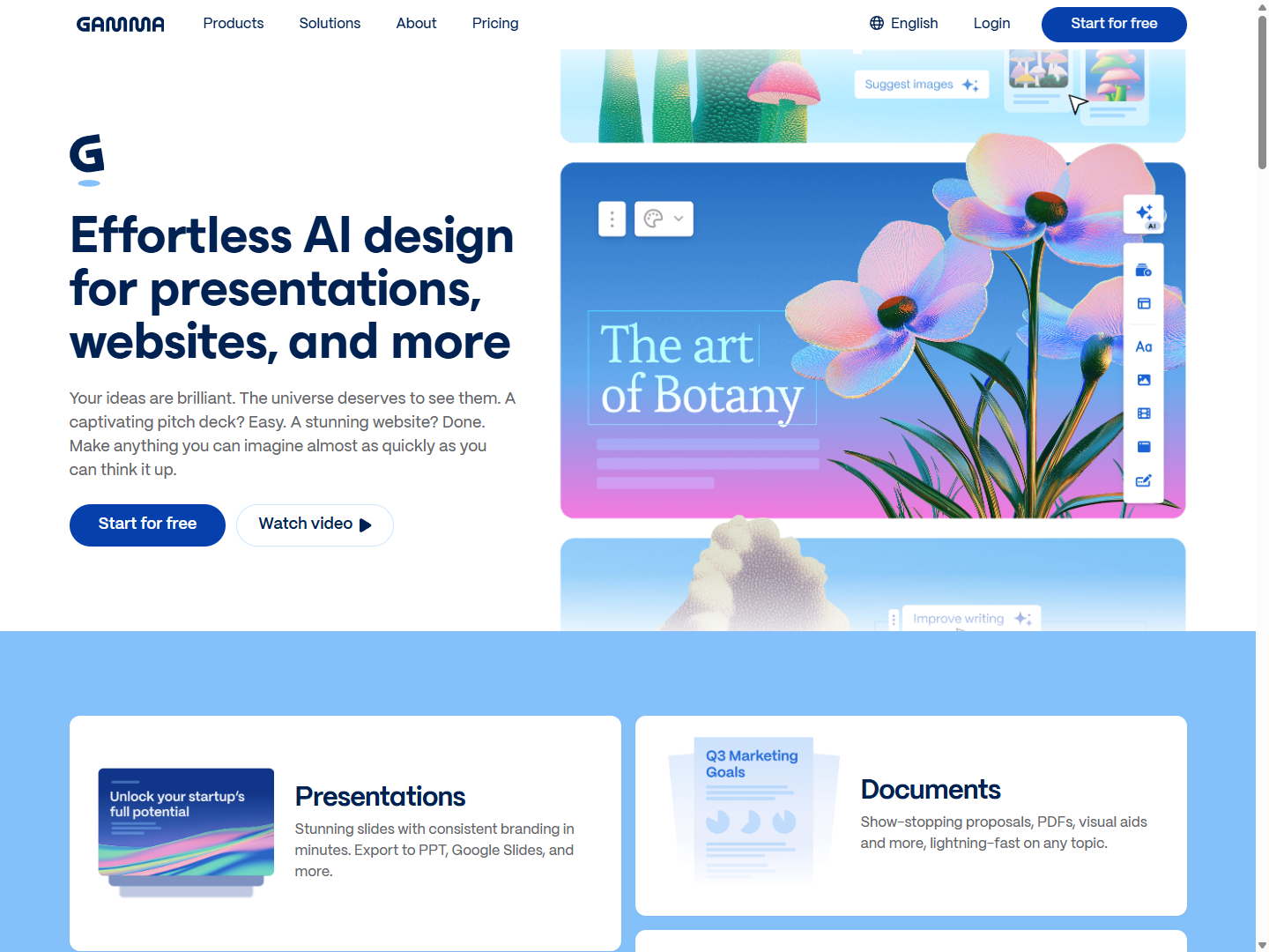 Gamma screen highlighting AI design for presentations, sites, and documents