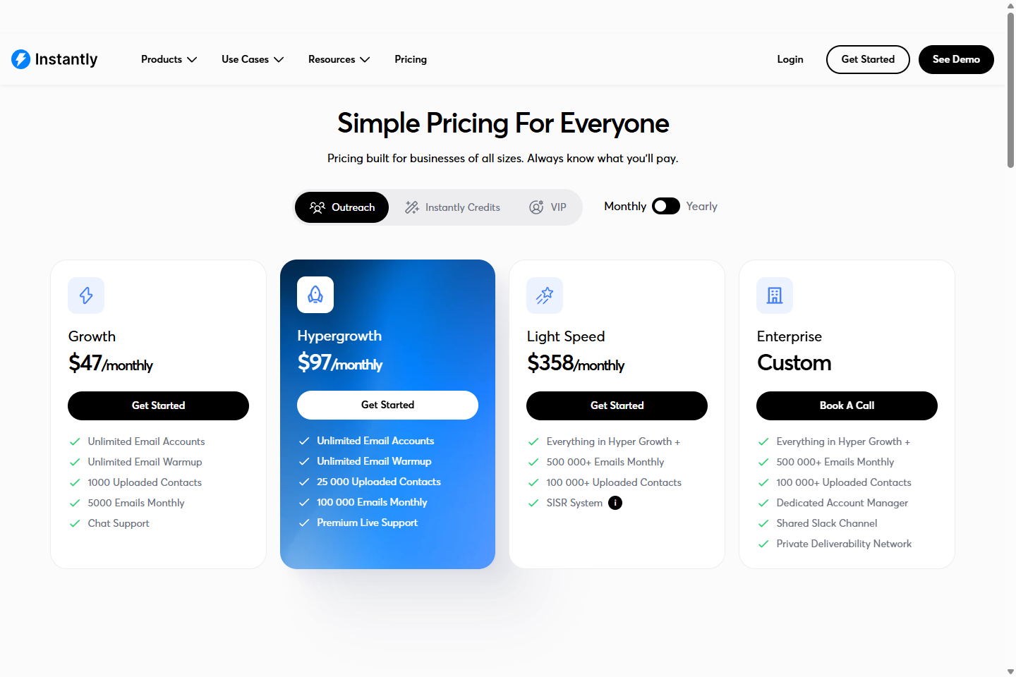 Instantly pricing page with Outreach plans