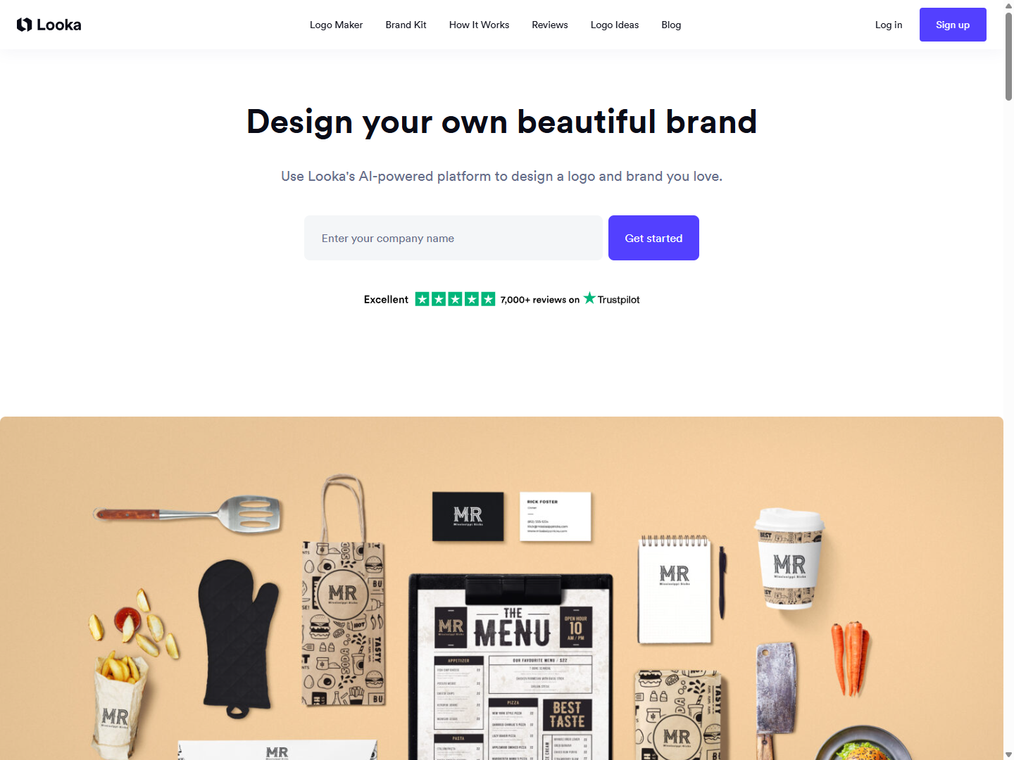 Looka visual brand-kit example on the homepage