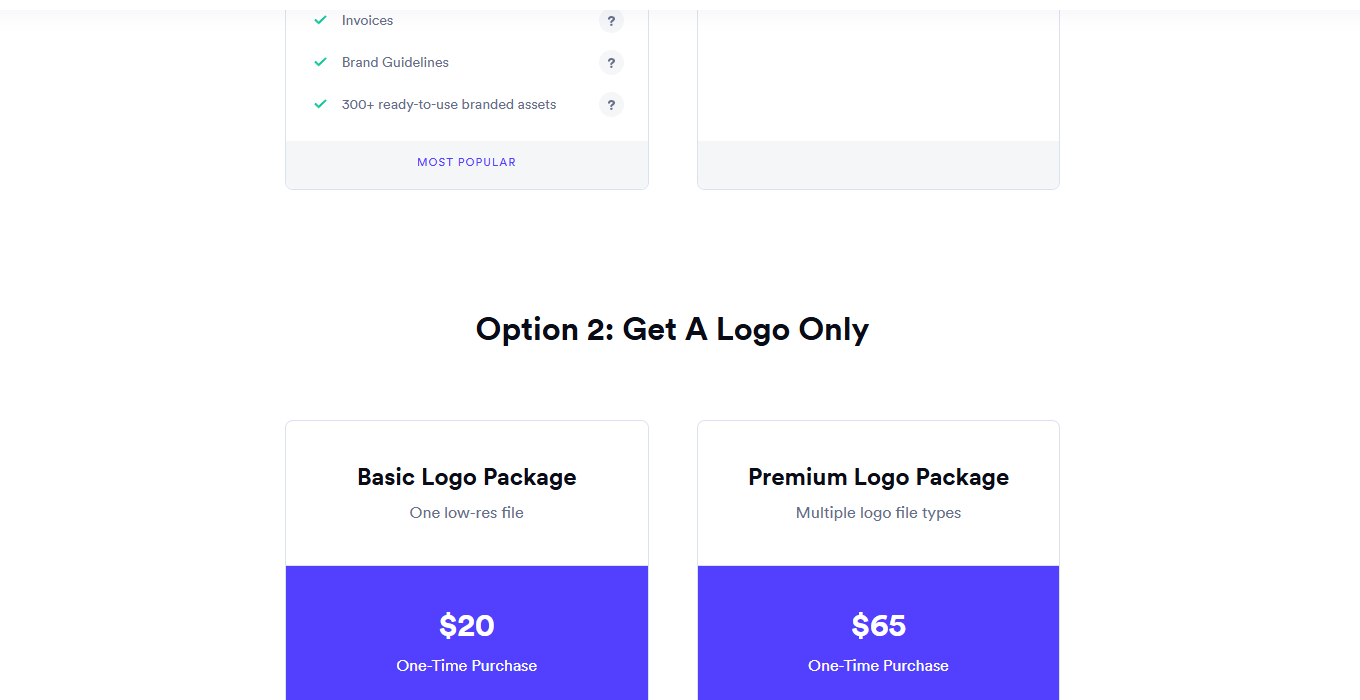 Looka pricing showing one-time logo purchase options