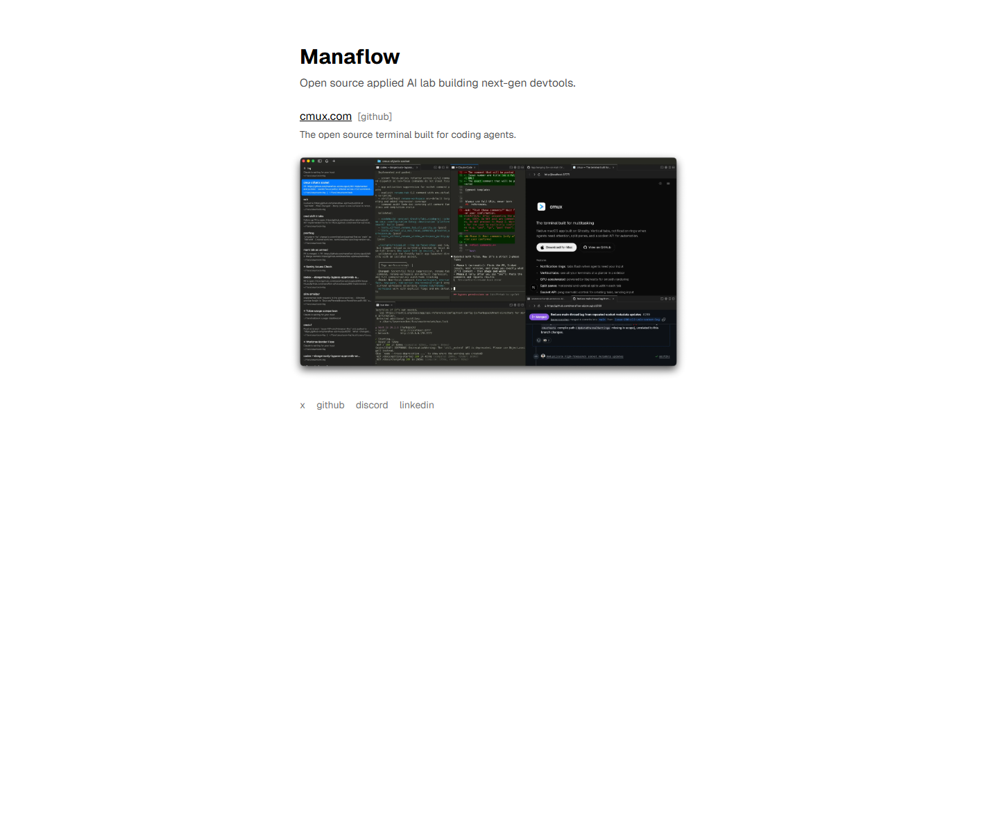 Manaflow homepage describing the open-source applied AI lab
