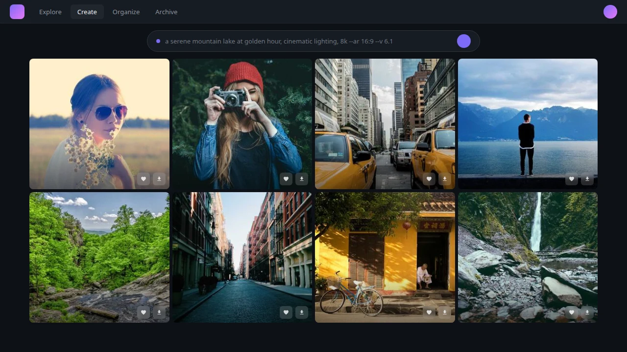 Midjourney web interface with the result feed and prompt bar
