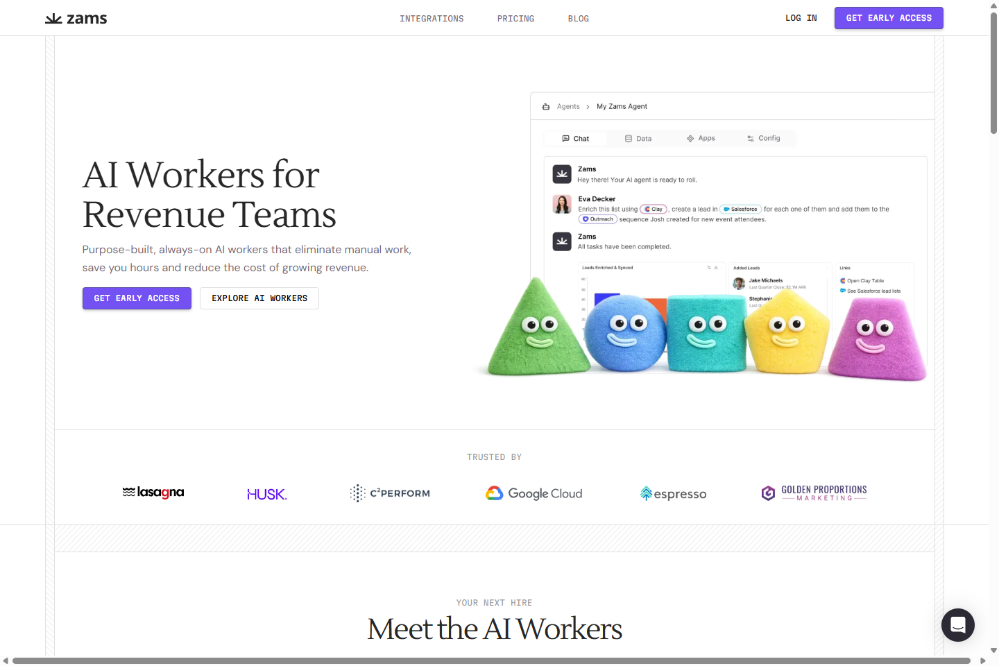 Zams hero section with AI workers for revenue teams