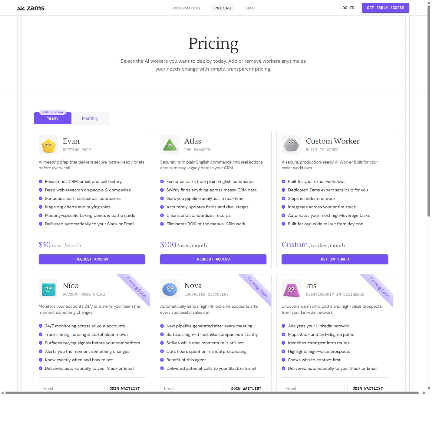 Zams pricing page with Evan, Atlas, and Custom Worker