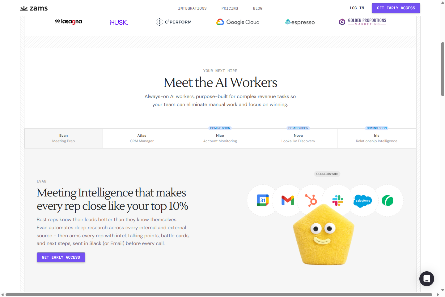 Zams AI workers list including Evan, Atlas, and upcoming workers