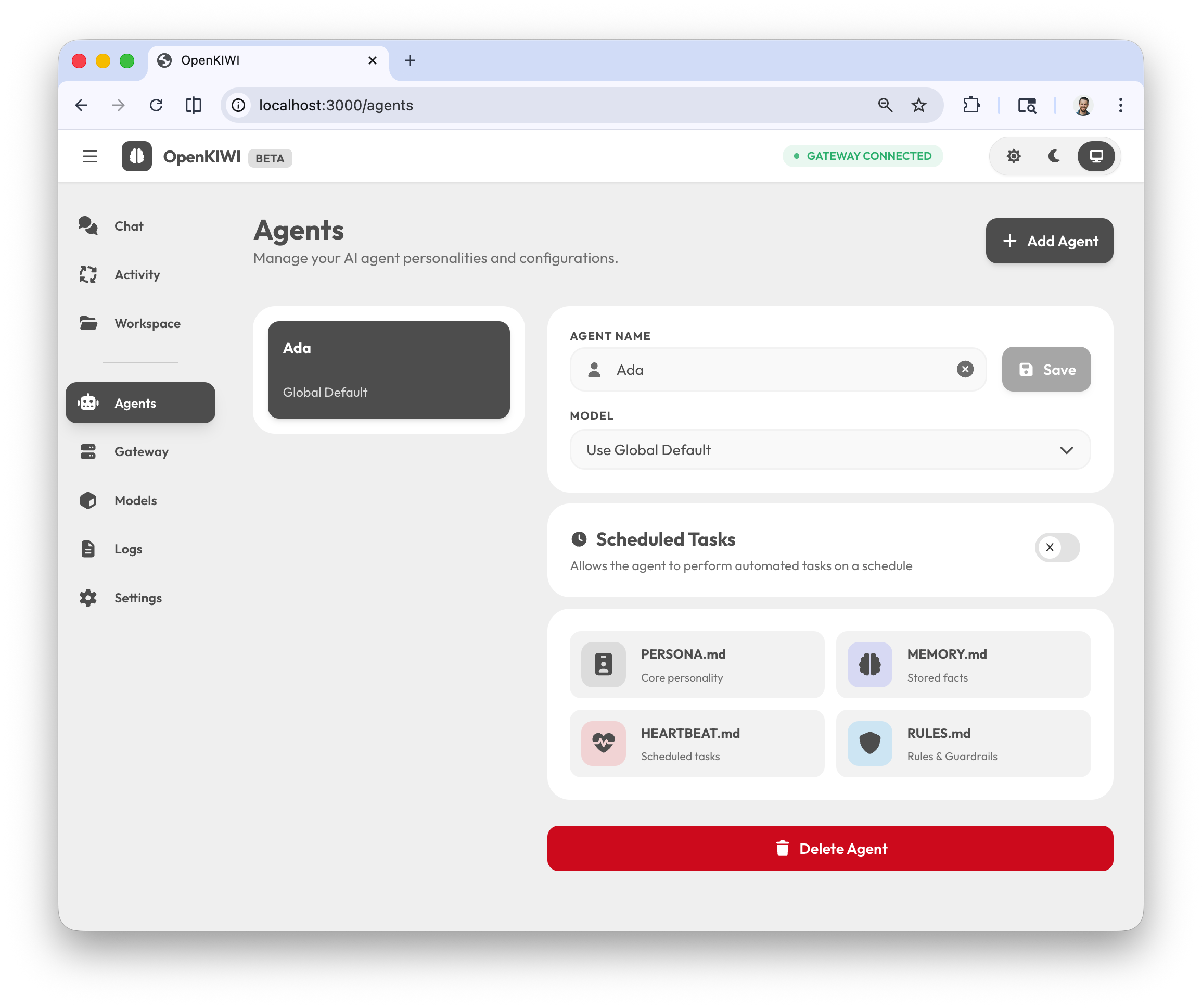 Экран настройки агентов в OpenKIWI