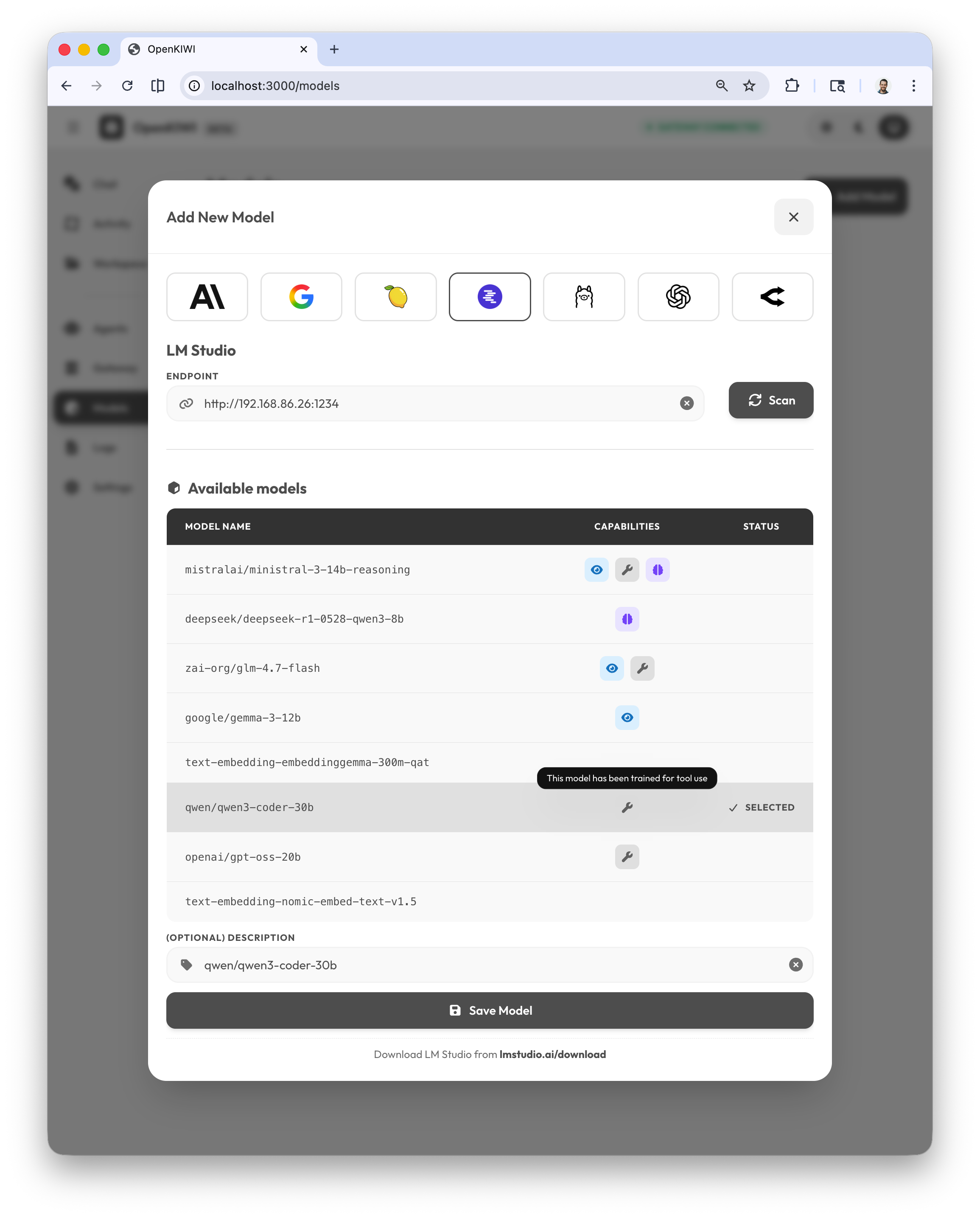 Экран выбора и подключения моделей в OpenKIWI
