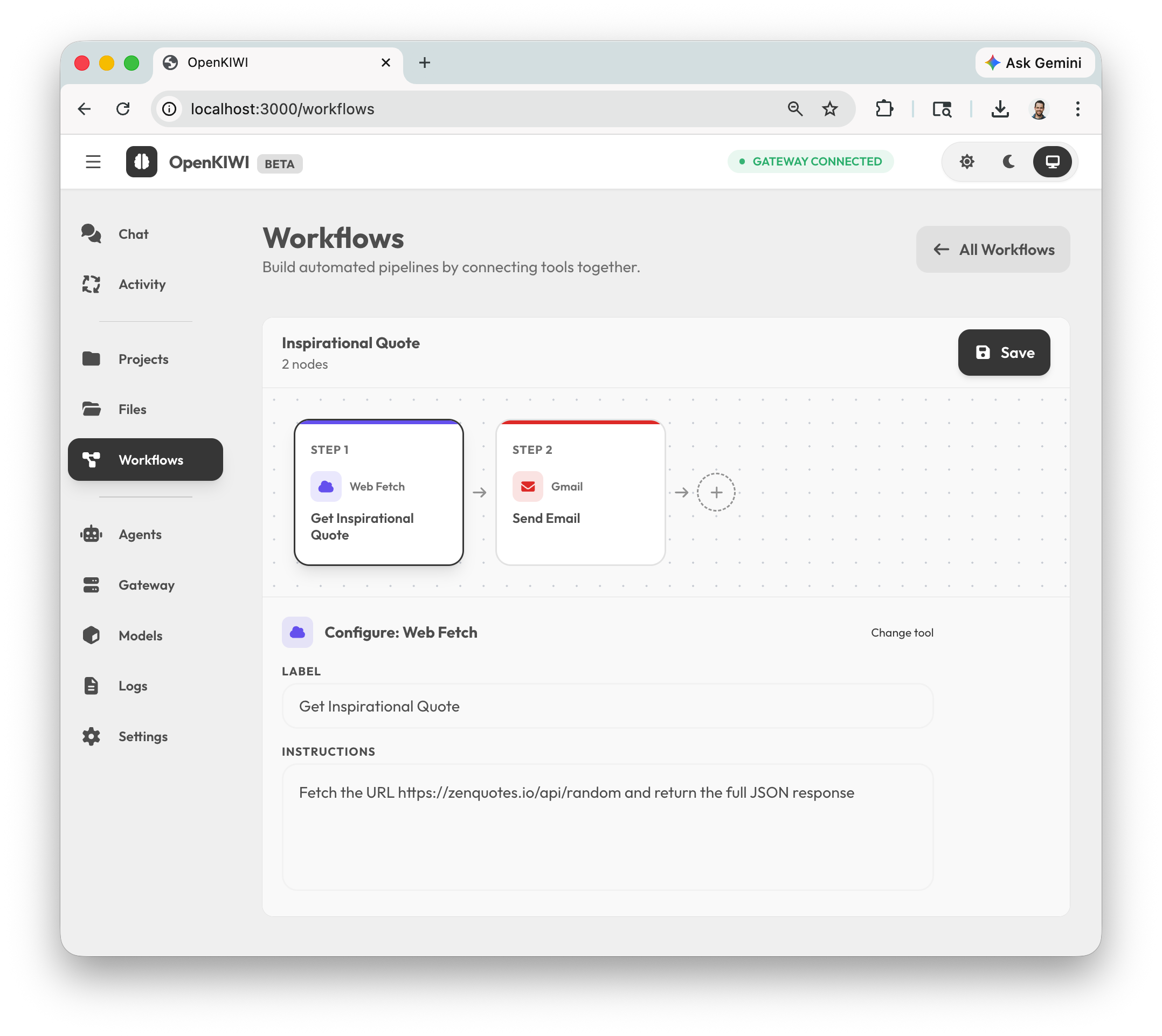 Workflow Builder в OpenKIWI с визуальной цепочкой шагов