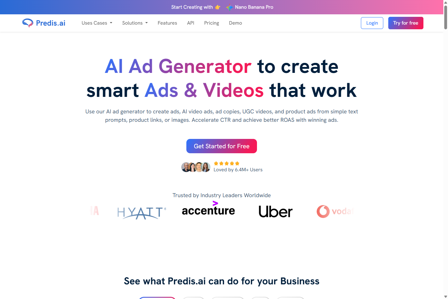 Главный экран Predis.ai с упором на AI ads и creative generation