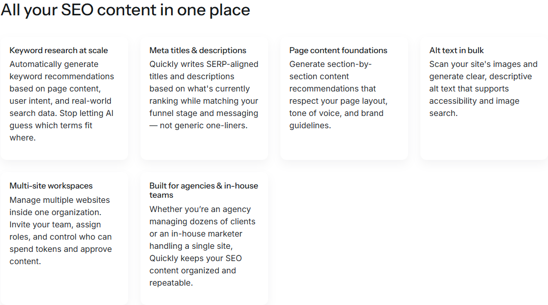 Quickly SEO section showing the workspace for keywords, metas, content, and alt text
