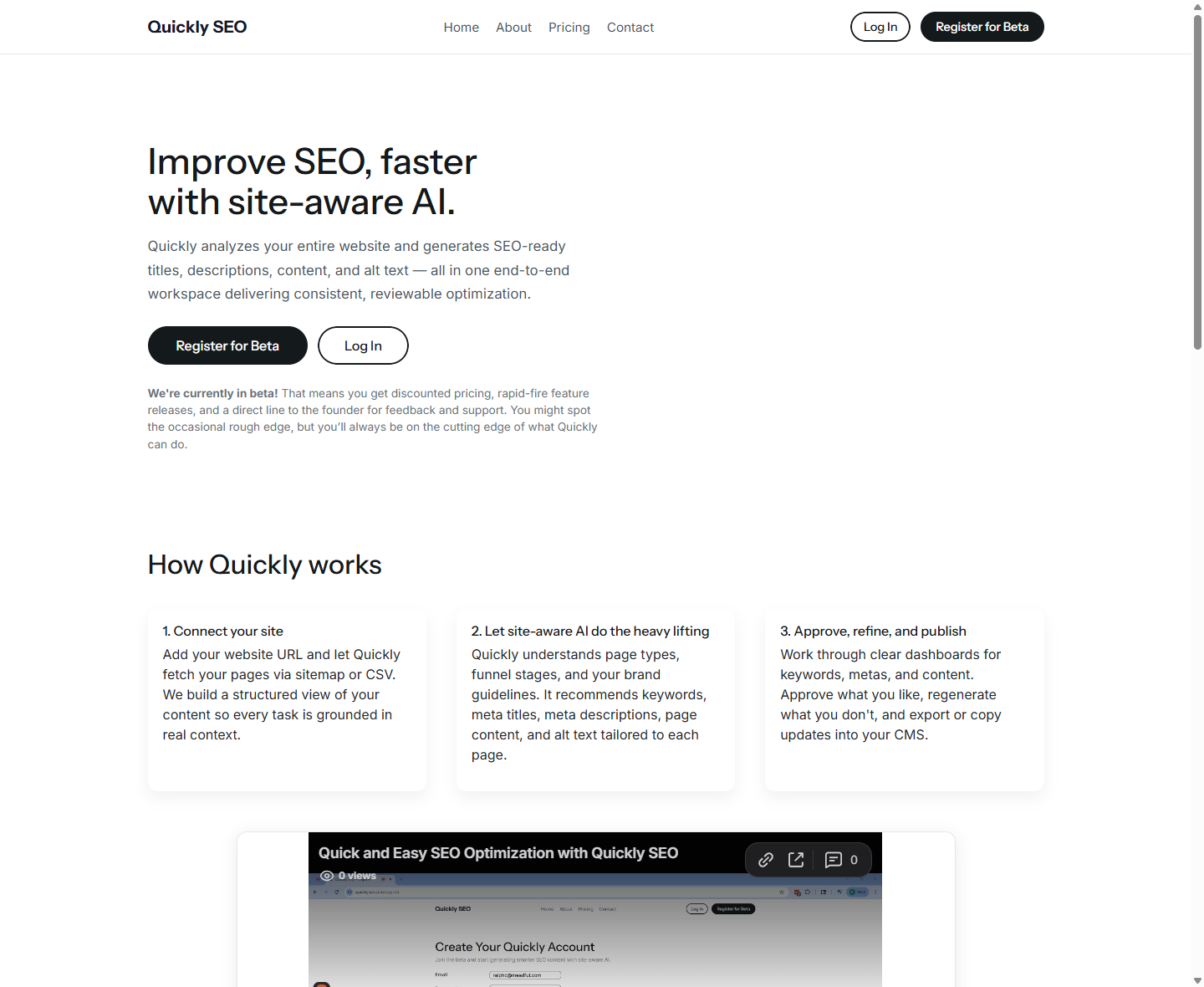 Quickly SEO homepage hero with the site-aware AI positioning
