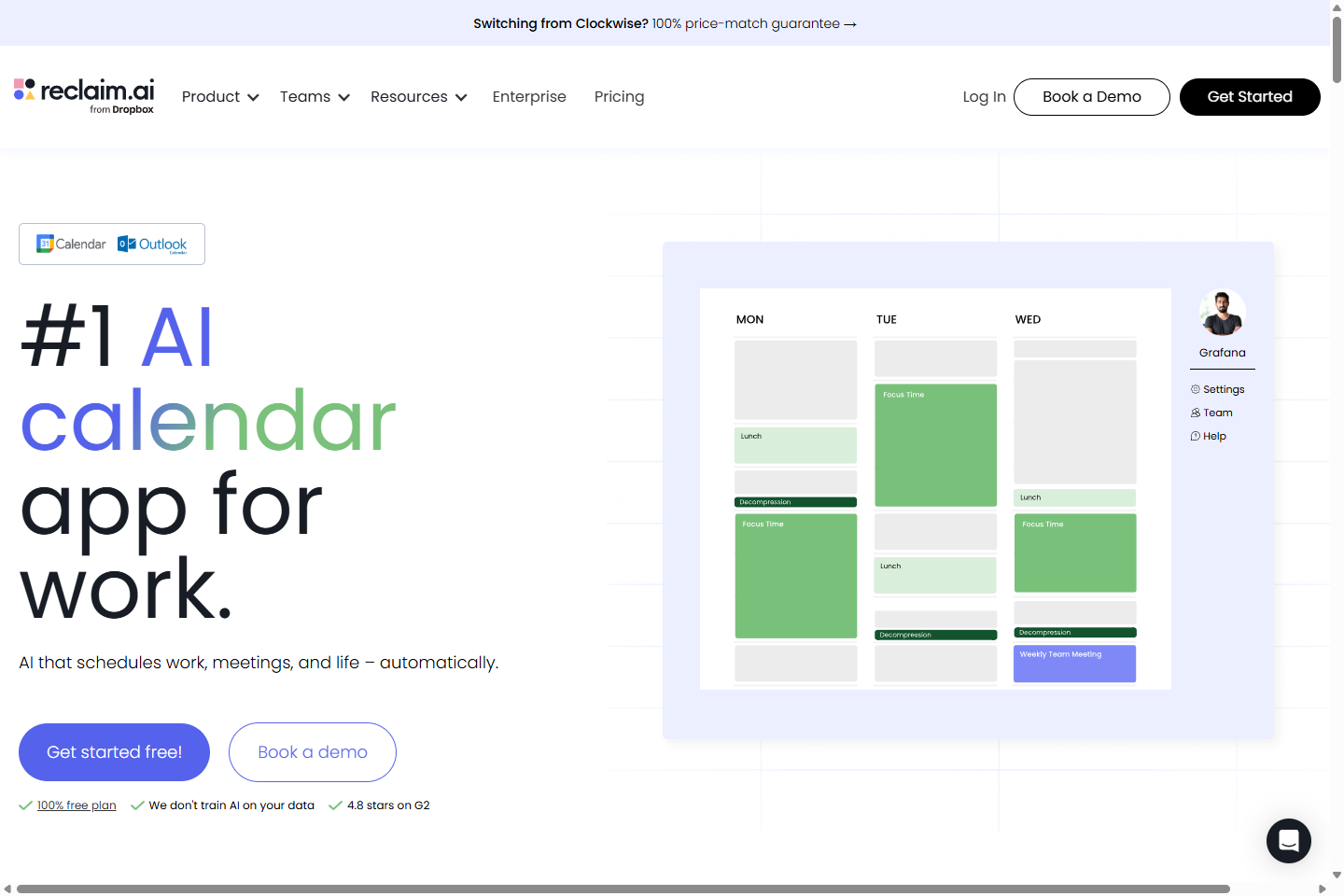 Главная страница Reclaim с AI calendar positioning