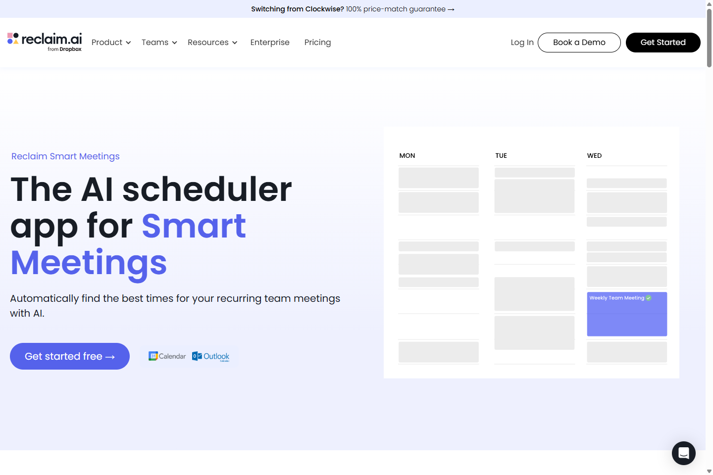 Страница Reclaim Smart Meetings с автоматическим расписанием recurring meetings