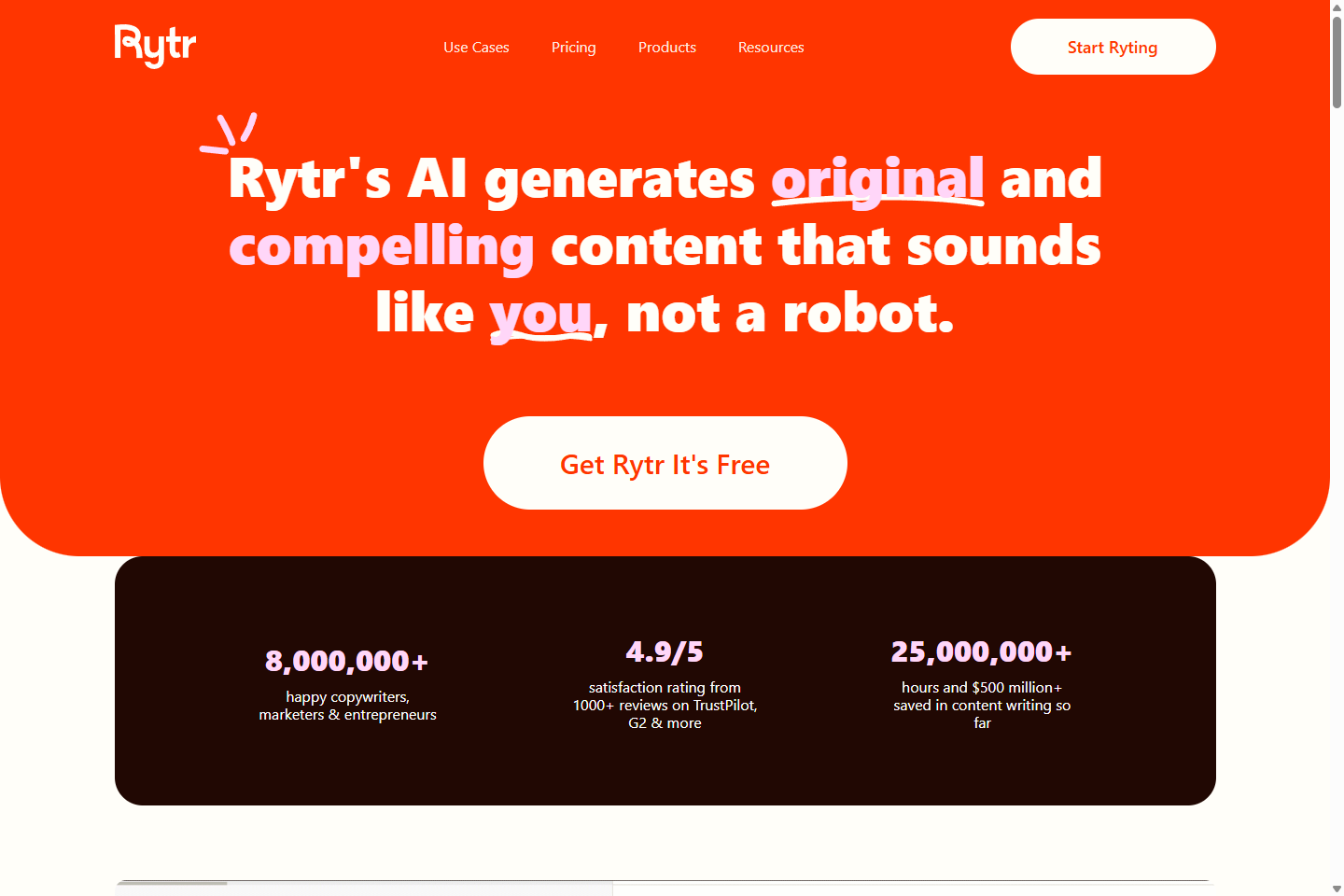 Rytr homepage with AI writing assistant positioning