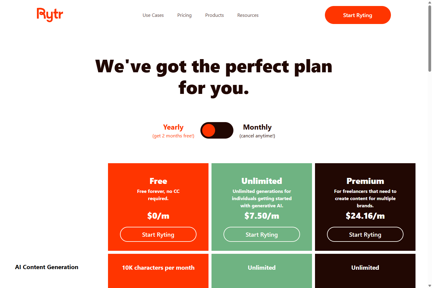 Rytr pricing page with Free, Unlimited, and Premium plans