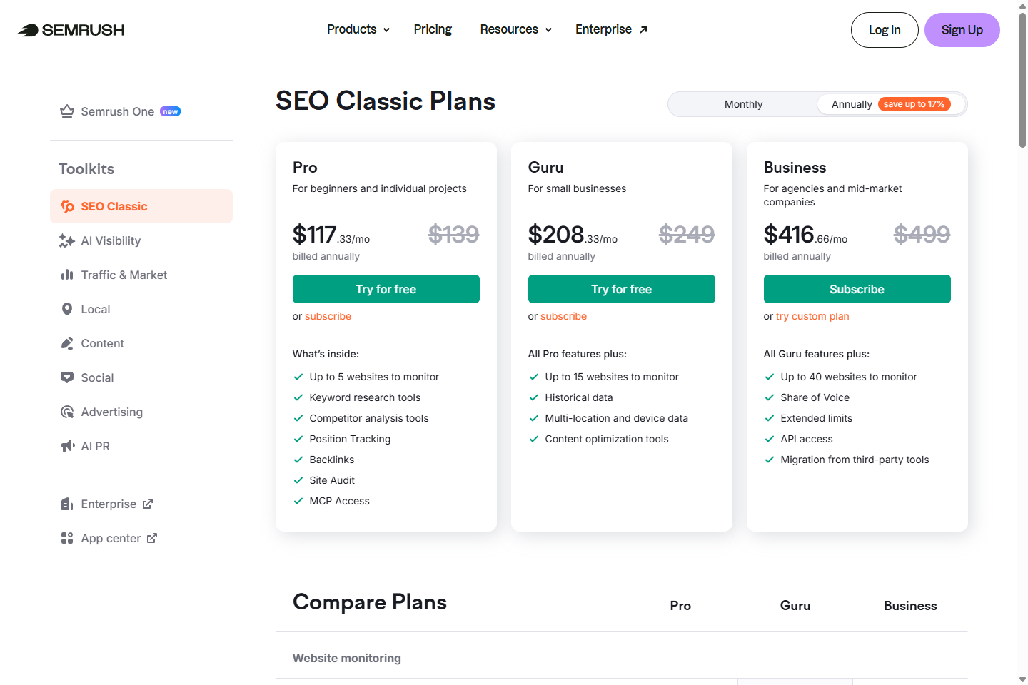 Semrush pricing with Pro, Guru, and Business plans