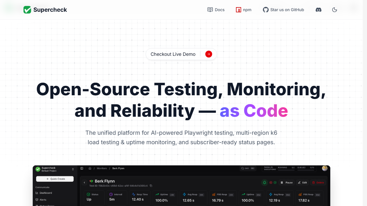Supercheck homepage with the testing and monitoring platform overview
