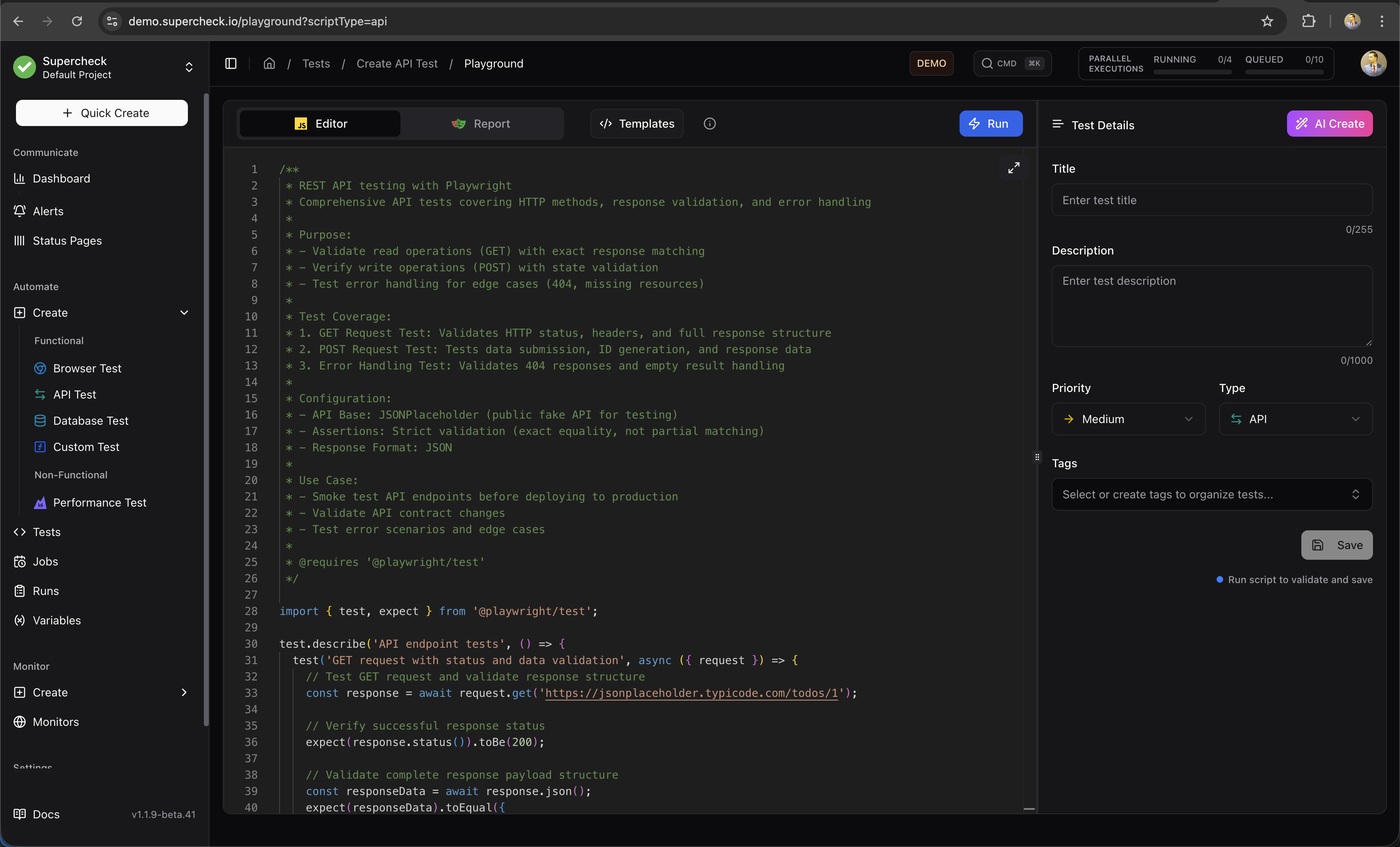 Supercheck playground editor for AI-assisted tests