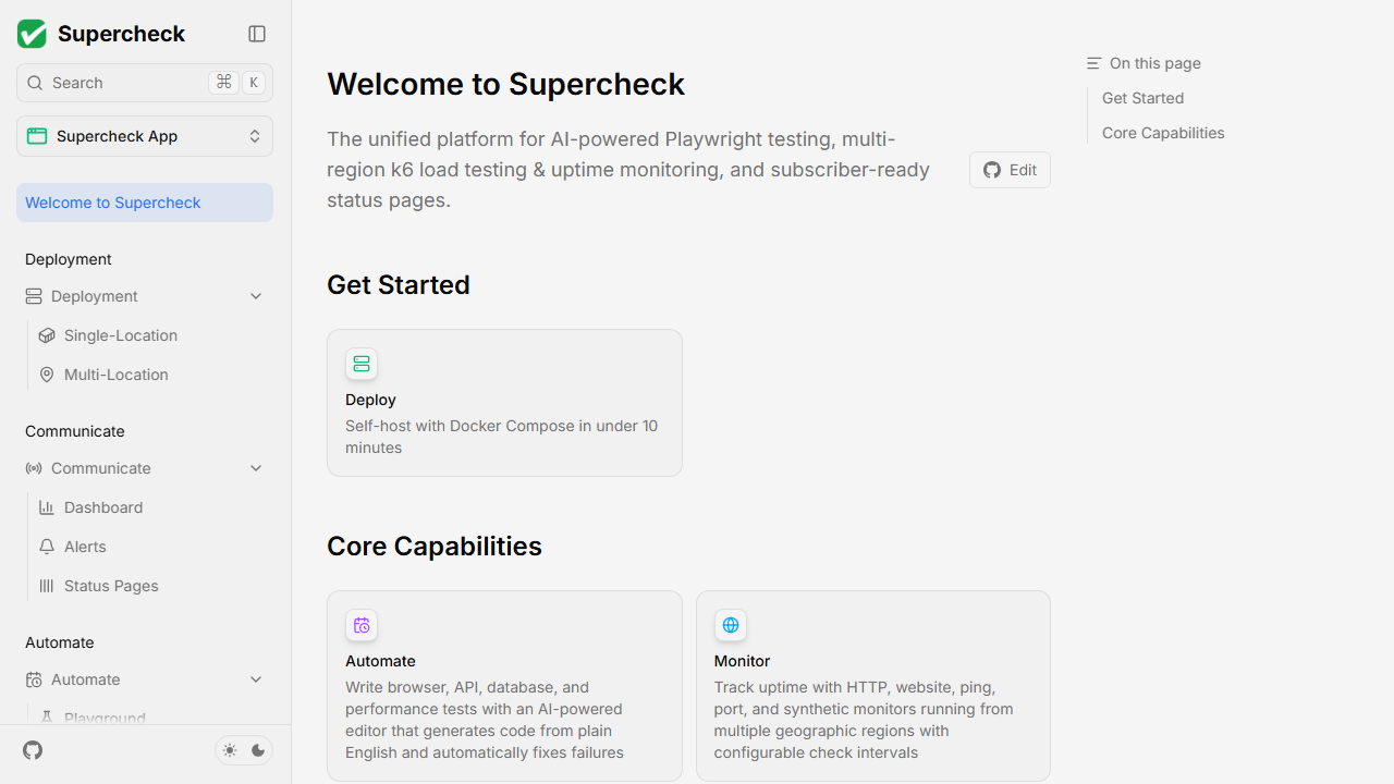Supercheck welcome docs with Deploy, Automate, Monitor, and Communicate sections
