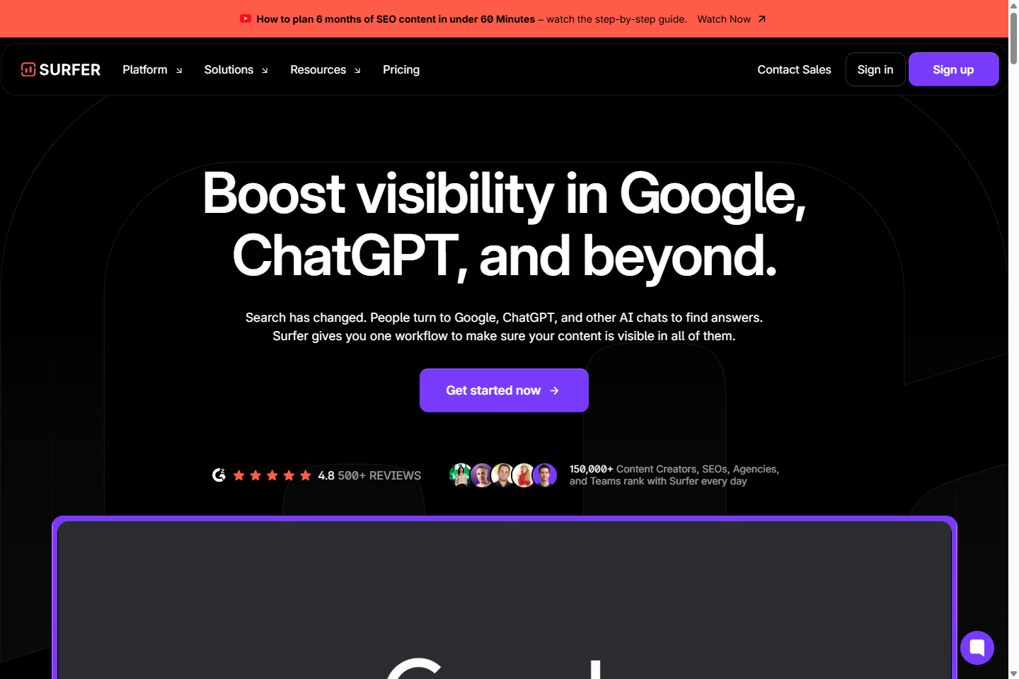 Главная страница Surfer с подачей AI search и content workflow