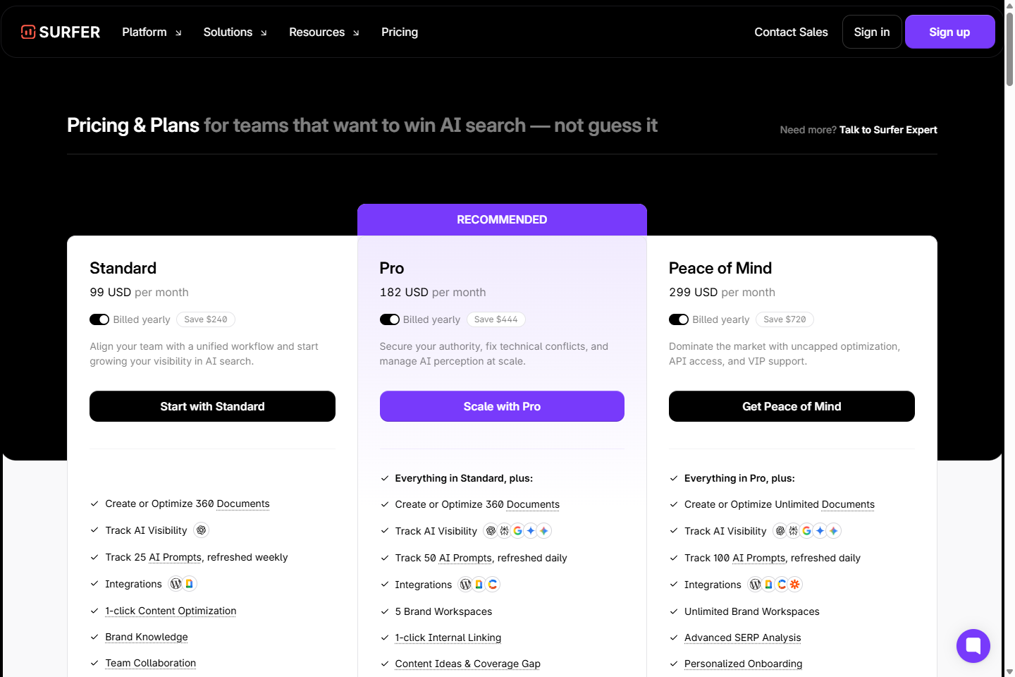 Pricing Surfer с планами Discovery, Standard, Pro и Peace of Mind