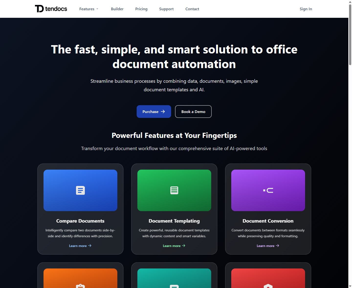 Главный экран TenDocs с модулем document automation и feature-блоками