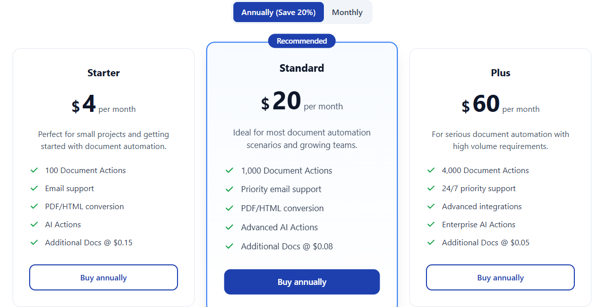 Публичная pricing-страница TenDocs со Starter, Standard и Plus