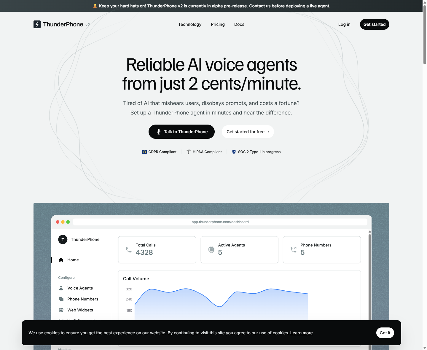 ThunderPhone homepage hero with the AI phone agents offer