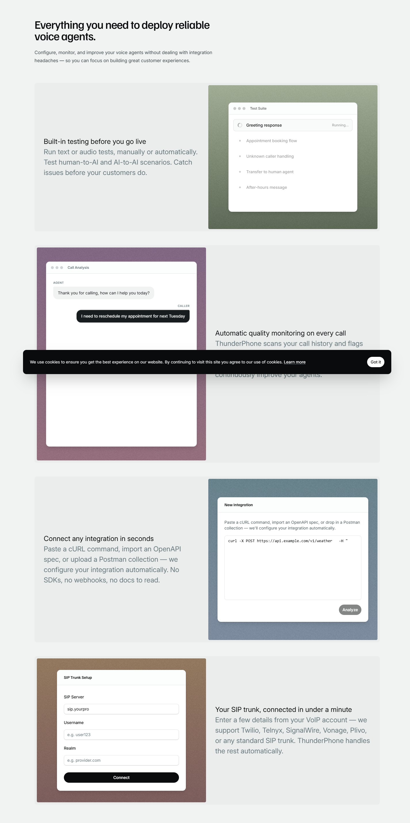 ThunderPhone section showing testing, monitoring, and integration import
