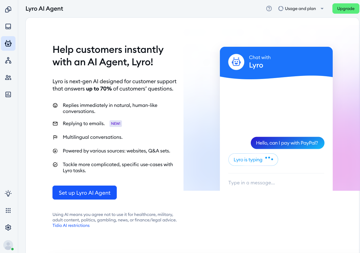 Экран Lyro AI Agent в Tidio