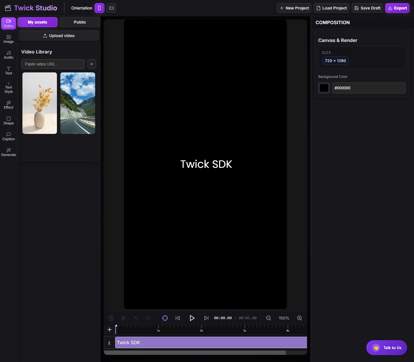 Twick Studio editor with a timeline, asset panel, and canvas inspector