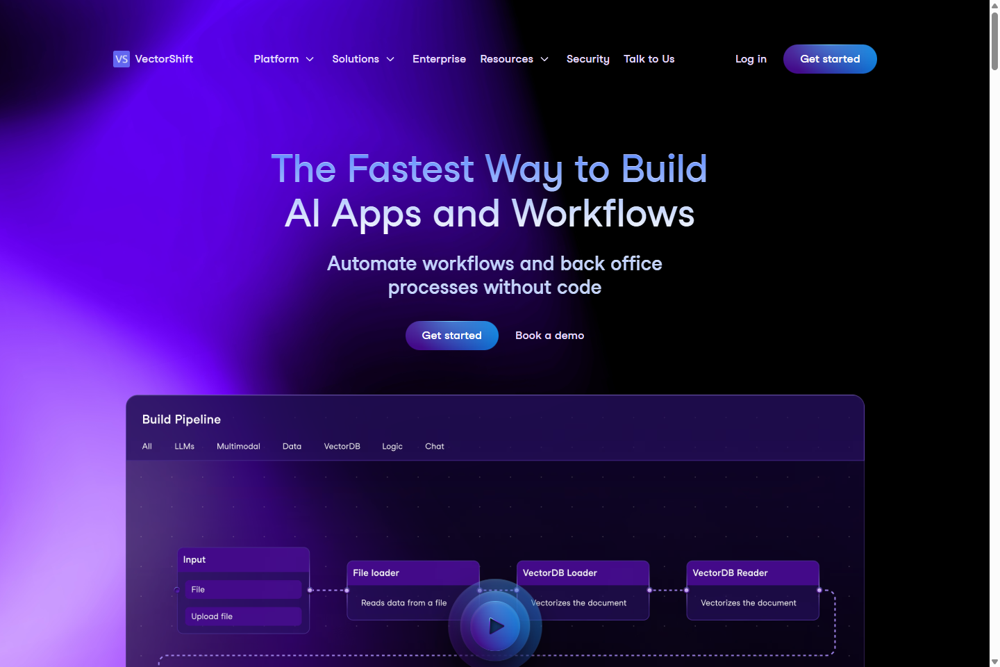 Главный экран VectorShift с builder для AI apps и workflows