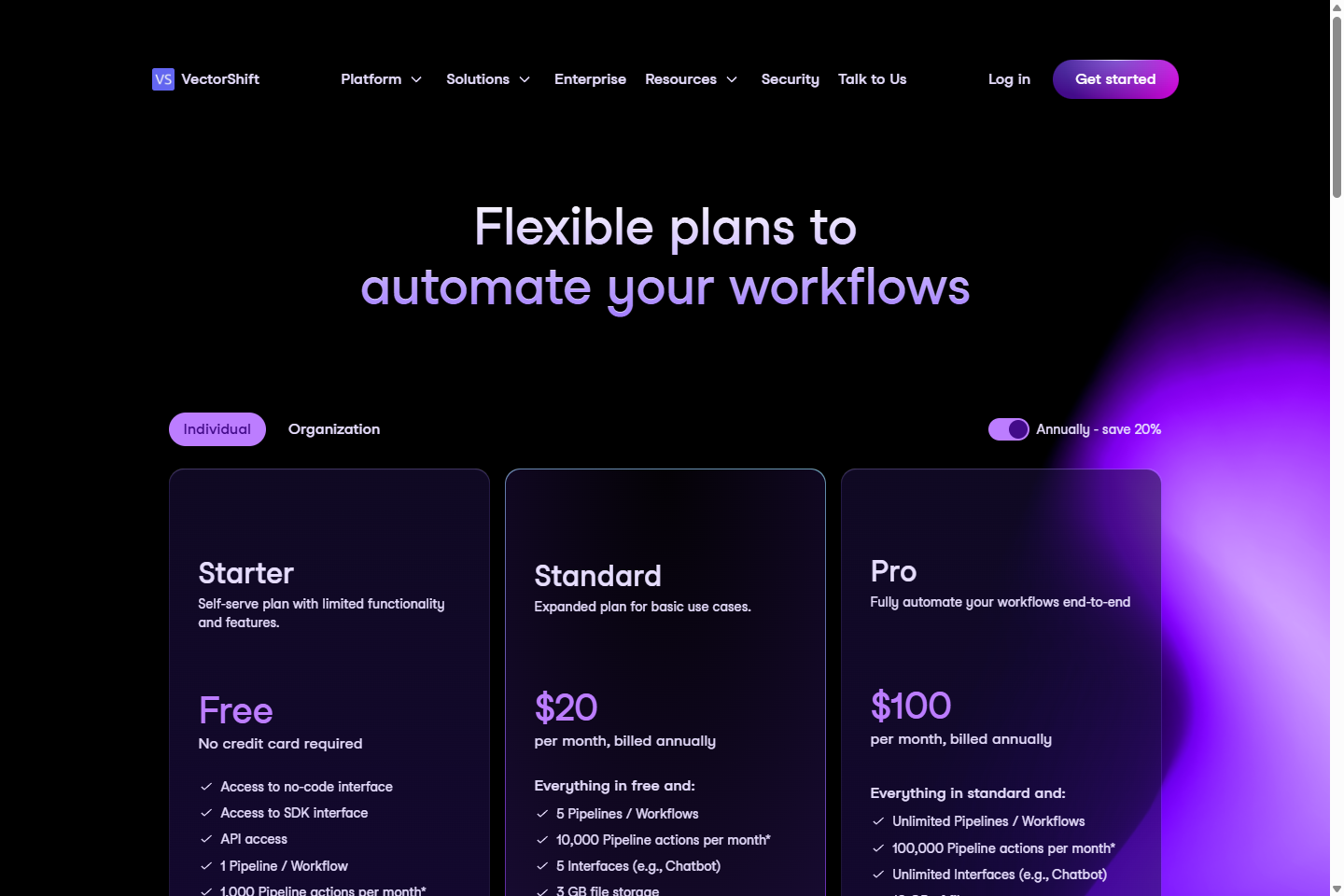 Pricing page VectorShift с Starter, Standard и Pro