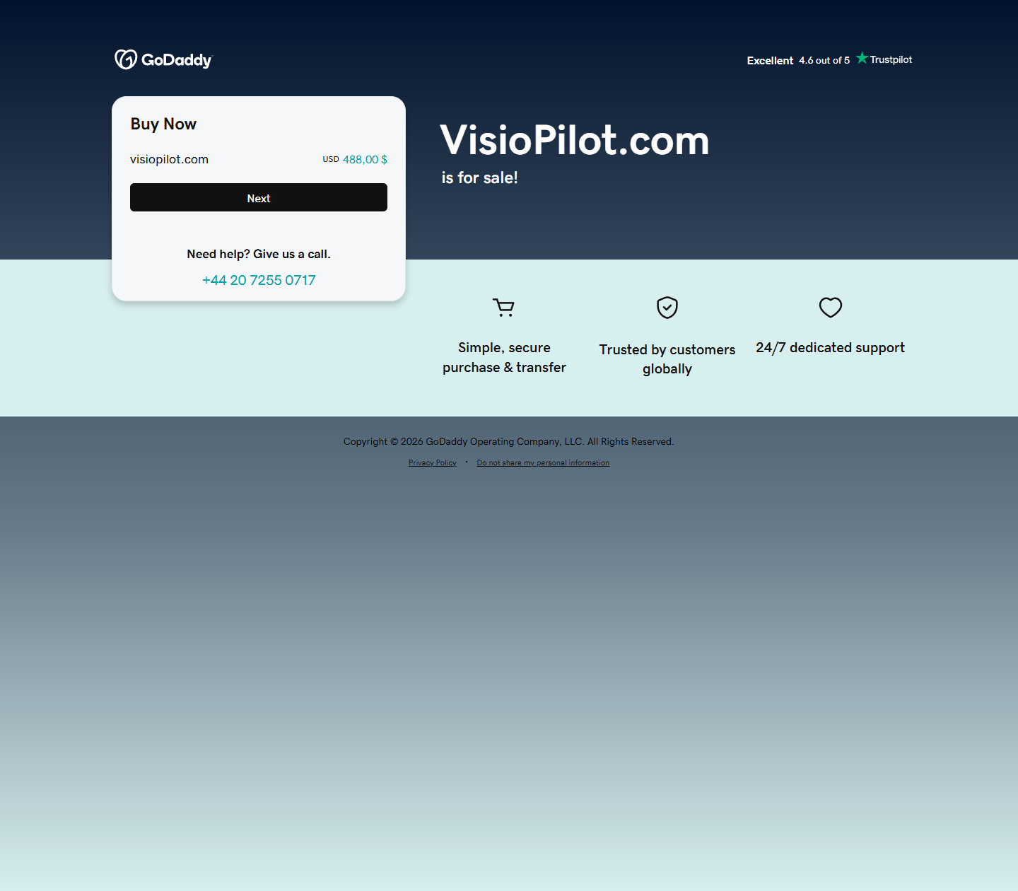 The current public VisioPilot domain redirecting to a GoDaddy parked page
