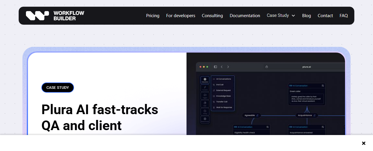 Workflow Builder case study showing a real flow inside Plura AI